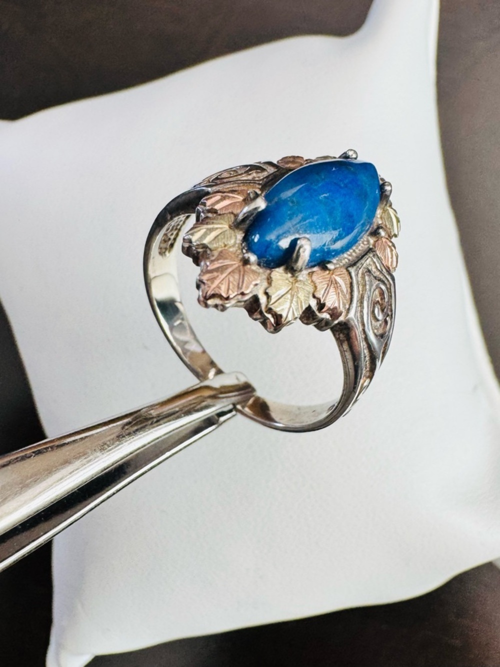 VTG Sterling Silver and 12K Rose Gold Lapis Ring Black Hills Gold Leaf Accents - Picture 6 of 6